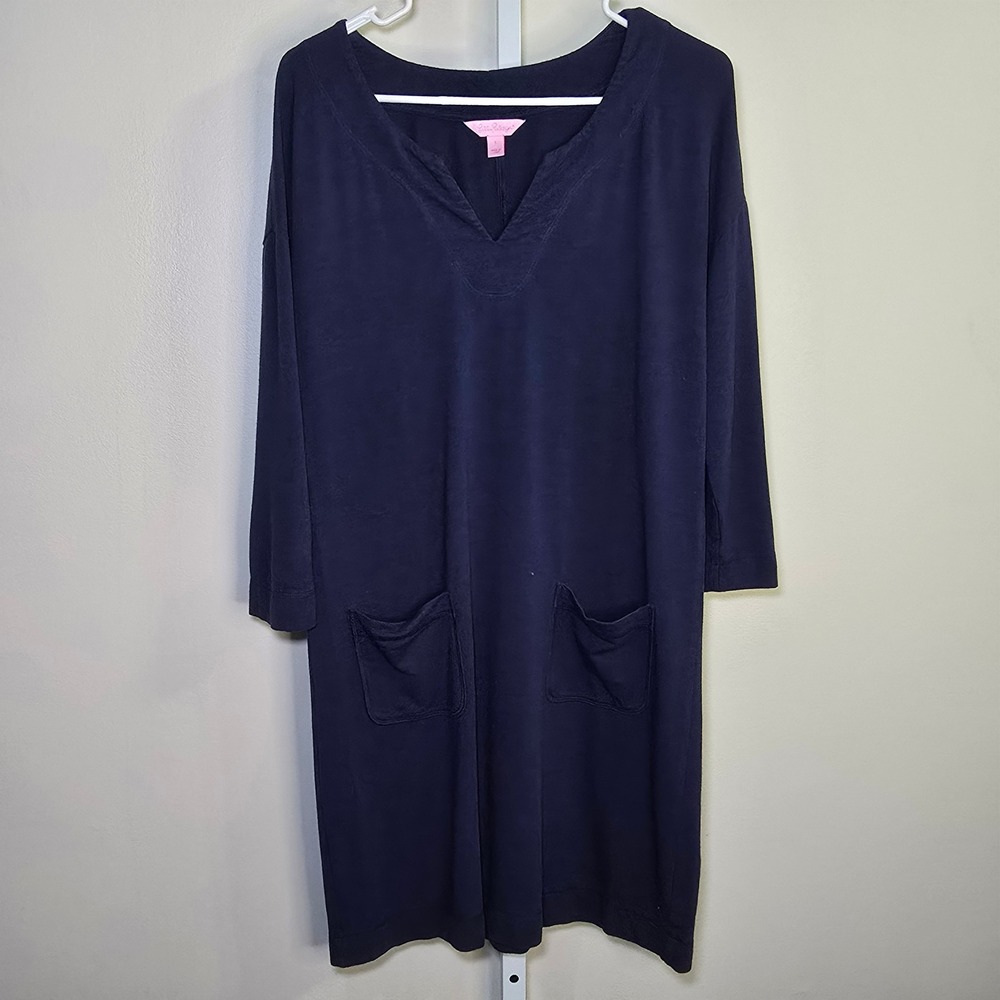Lilly Pulitzer Women's Navy Blue V-Neck Knit Tunic Dress Pockets Casual sz S